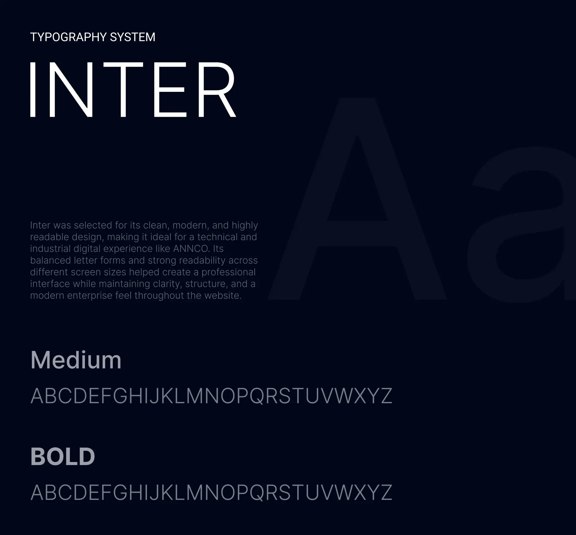 Typography system slide presenting Inter in medium and bold weights