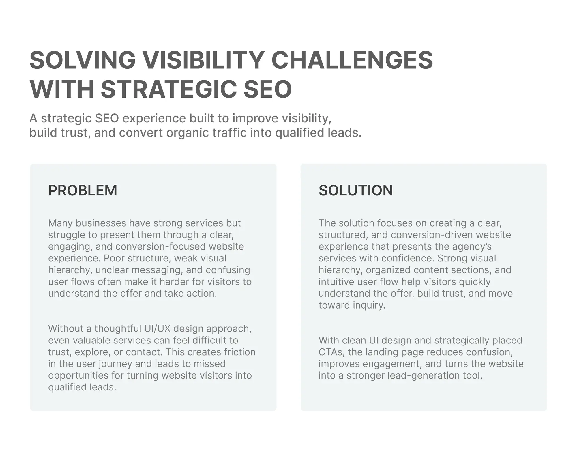 Problem and solution panels covering visibility challenges and the strategic SEO response