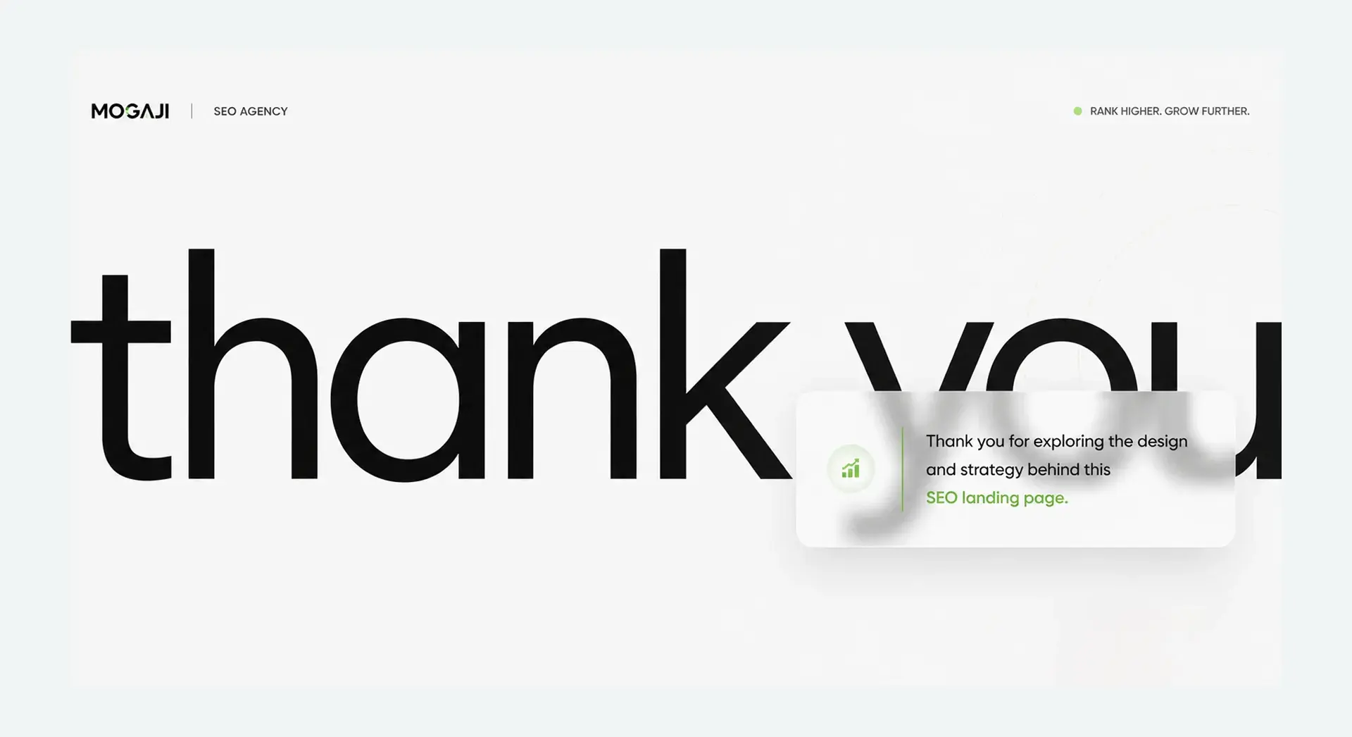 Closing thank-you screen for the SEO landing page, signed Mogaji SEO Agency, rank higher, grow further