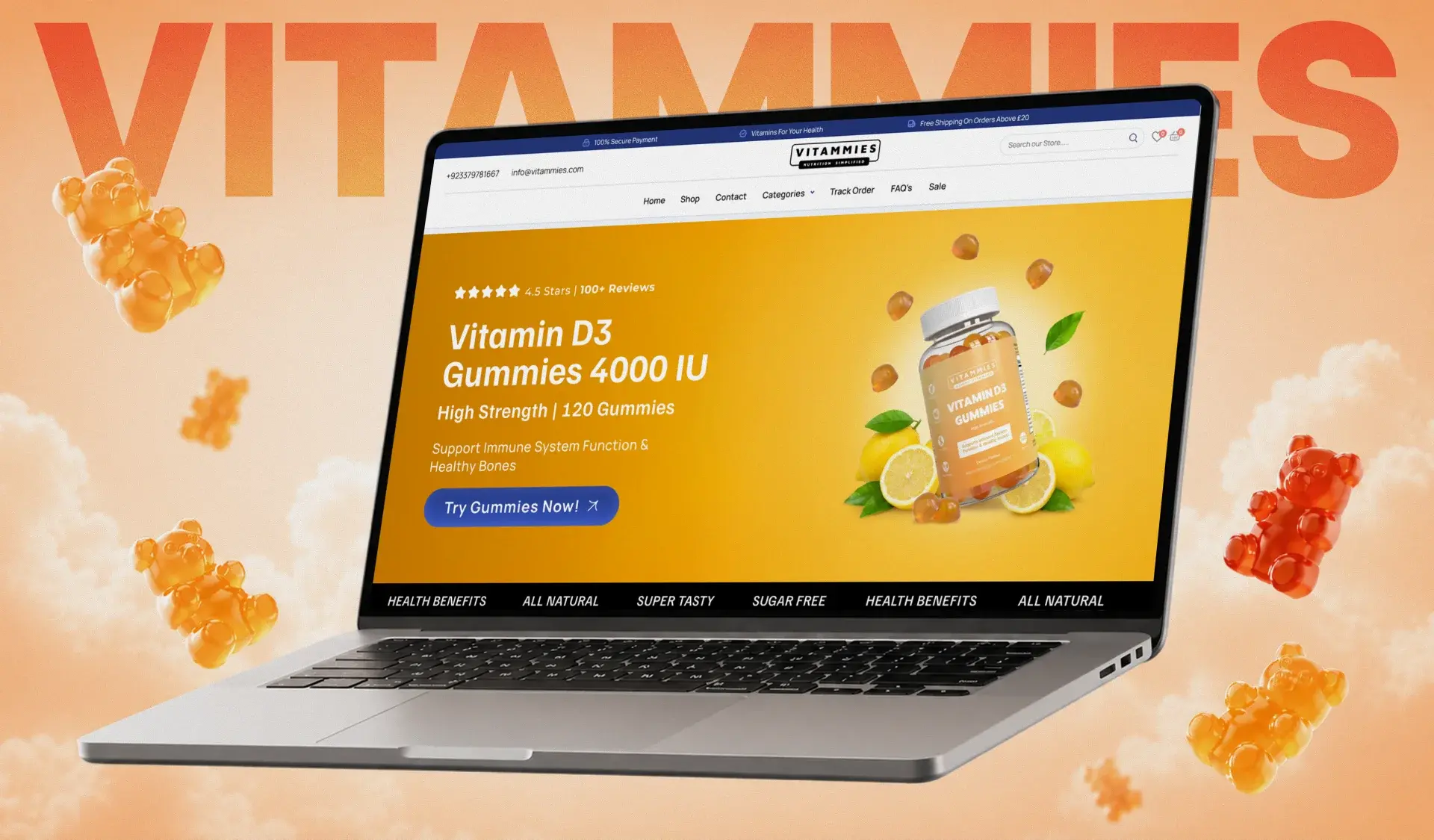 Vitammies store hero on a laptop: Vitamin D3 Gummies 4000 IU with a 4.5 star rating and a Try Gummies Now call to action