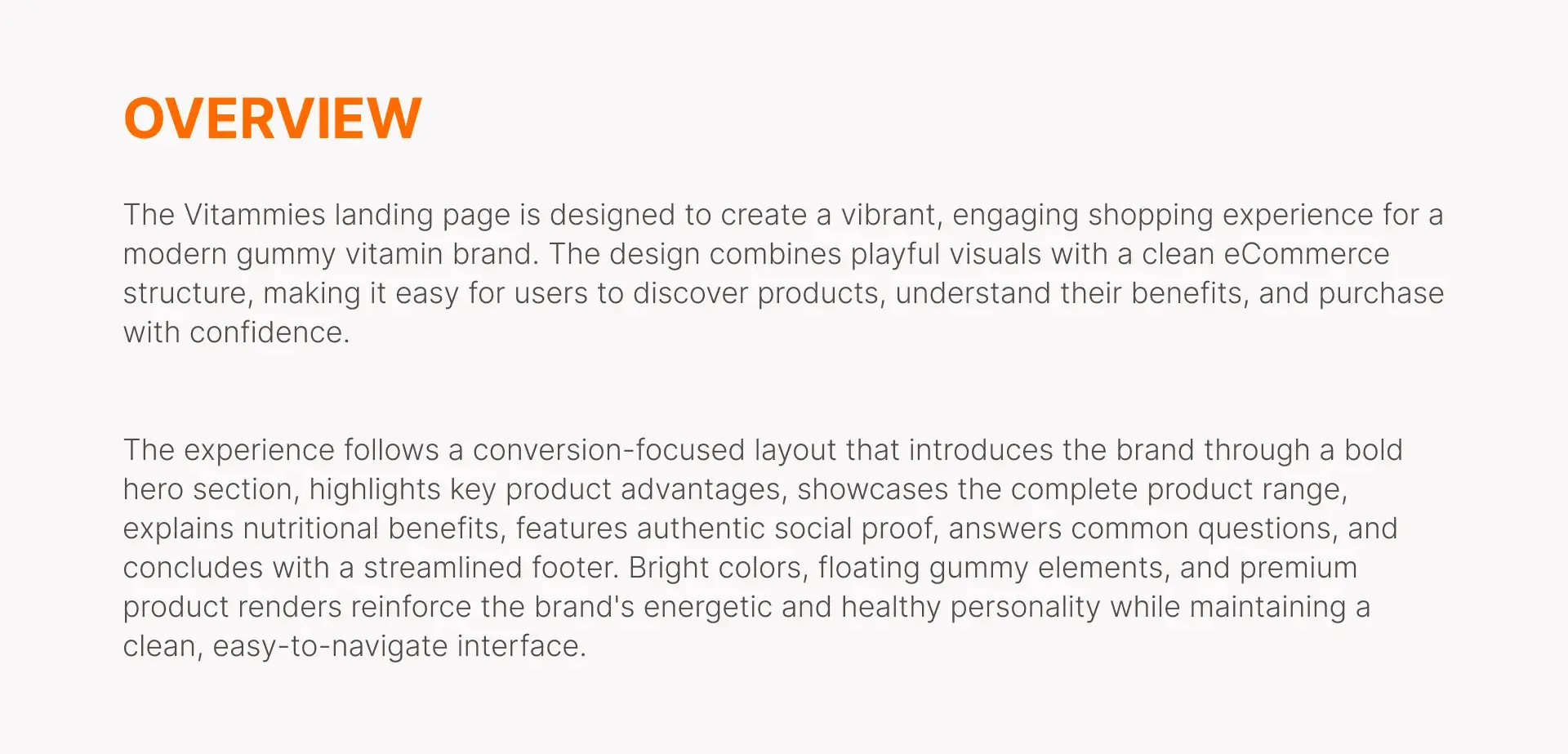 Overview slide describing the vibrant shopping experience designed for the gummy vitamin brand