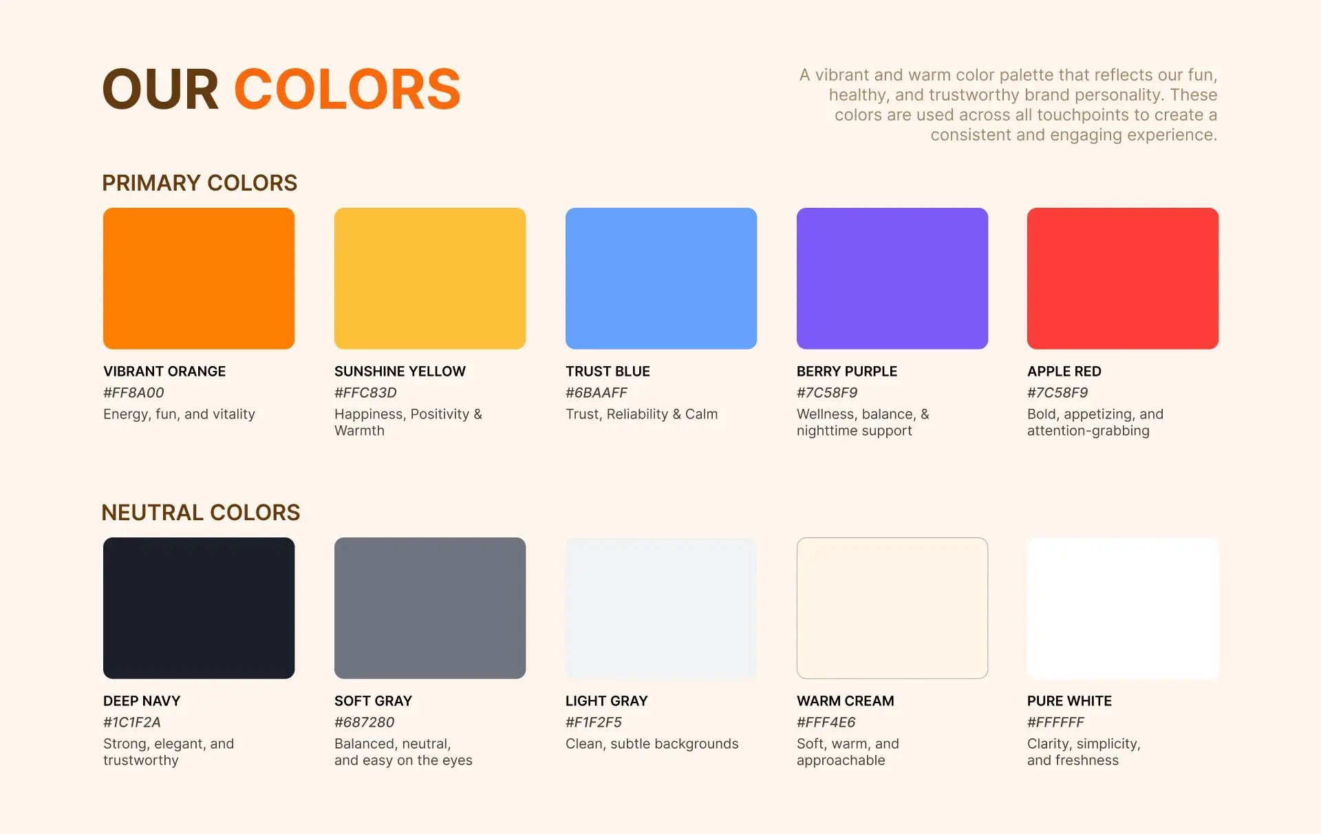 Our Colors slide: vibrant orange, sunshine yellow, trust blue, berry purple, and apple red primaries over navy, gray, cream, and white neutrals
