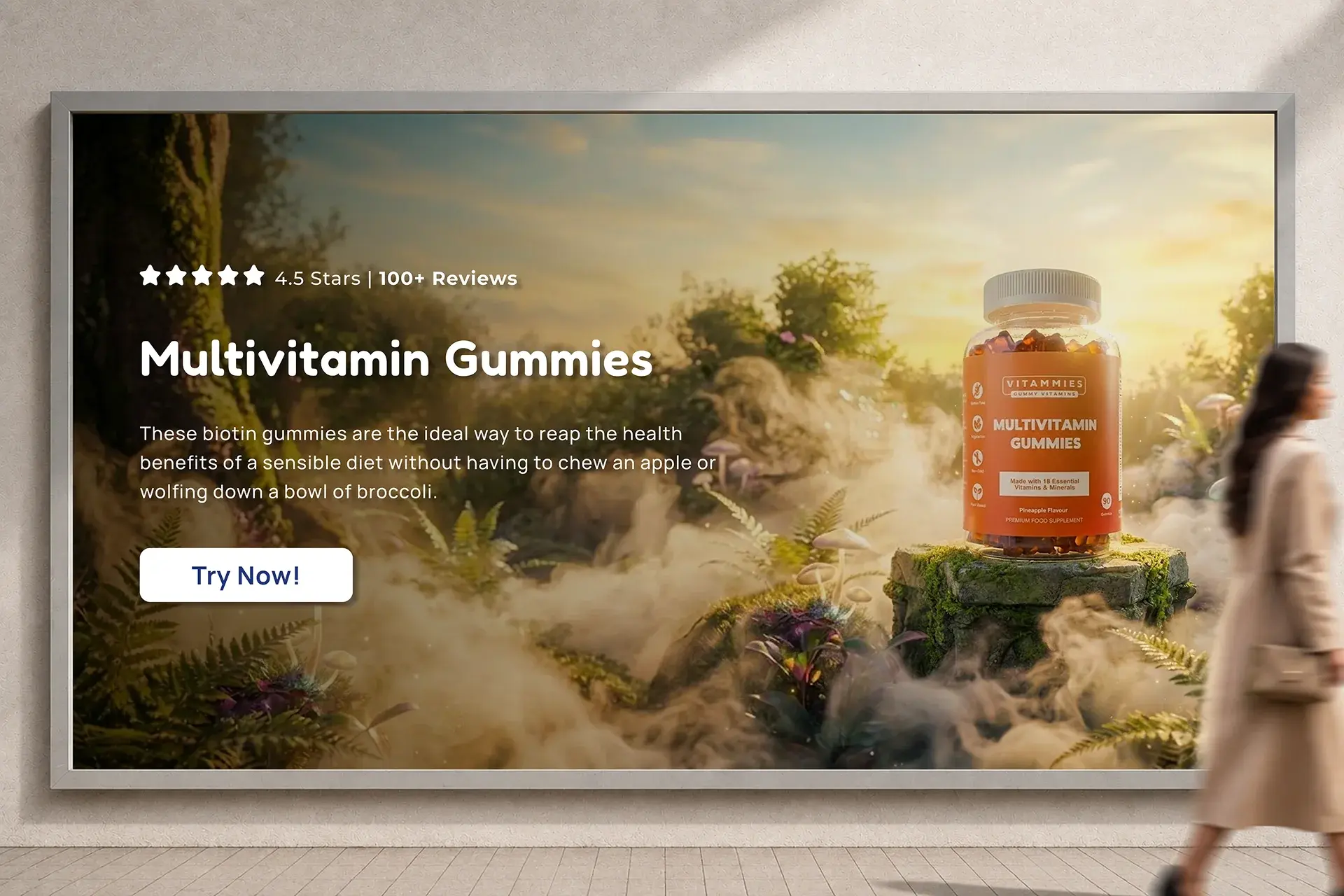 Multivitamin Gummies billboard concept with the bottle staged in a sunlit forest scene