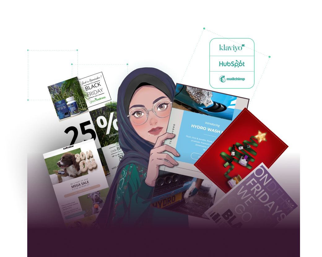 Email designs by Gul E Lala for ecommerce brands: Black Friday, product launch and holiday campaigns, built for Klaviyo, HubSpot and Mailchimp